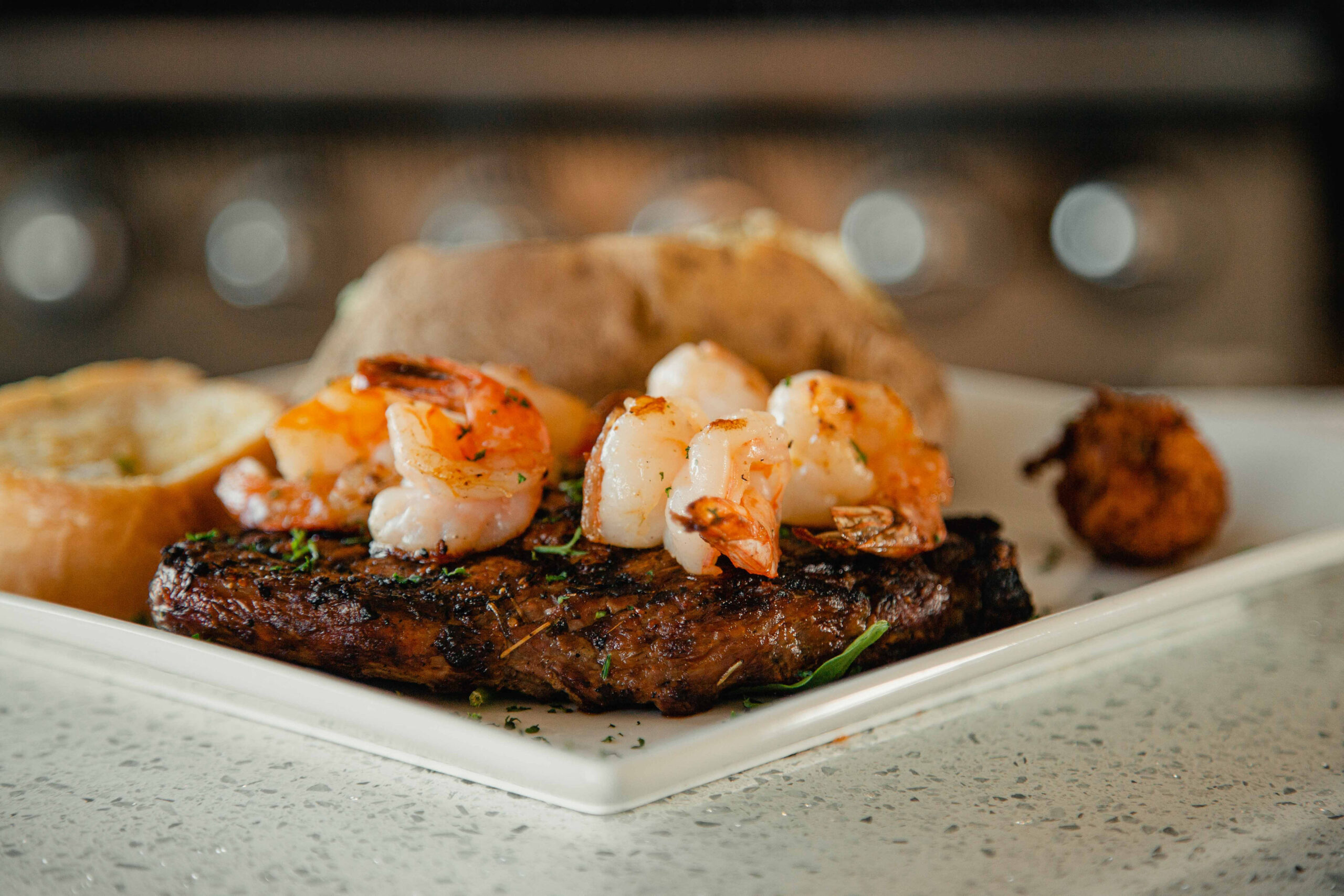 Ribeye Steak topped with Grilled Shrimp