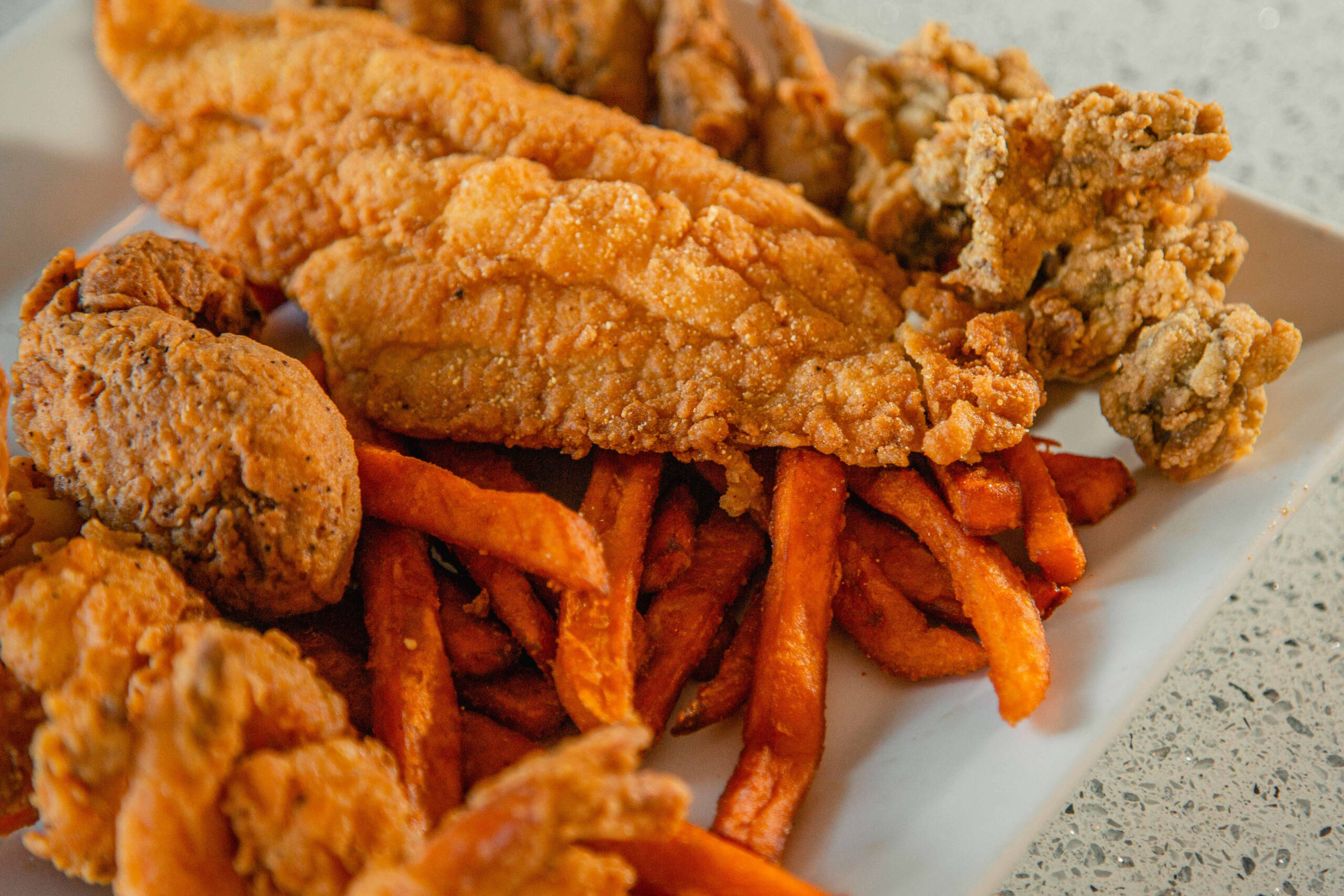 Fried Seafood Platter with Sweet Potato Fries